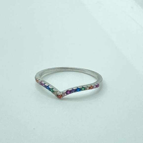 Vtg sterling rainbow multi gem stone chevron V ring sz 6.75 - Picture 4 of 15